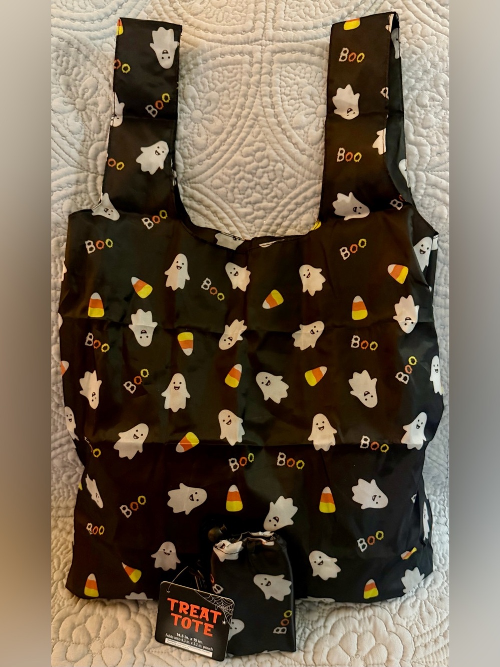 👻 Kids Halloween Tote Bag – Black Ghost & Candy Corn Print